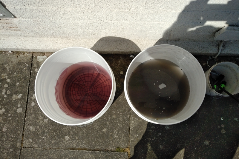 Who says the two bucket method and grit guards don’t work. Left is the wash bucket, right is the rinse bucket.